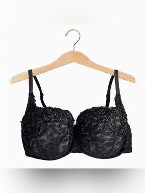 Victoria’s Secret Black Lace Leopard Bra Sequin Glam Coquette Pinup Chic 34C